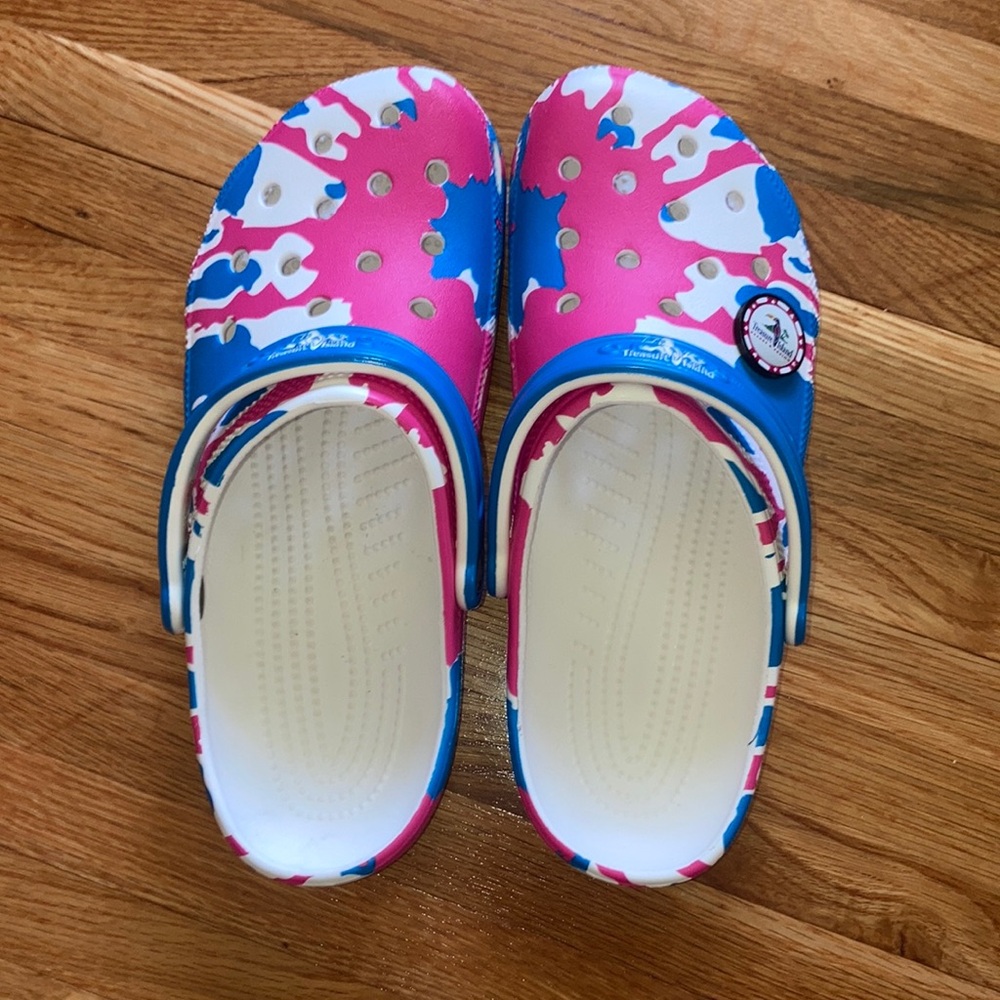 CROCS  Treasure Island , Pink, Blue, and White Camo Sandals